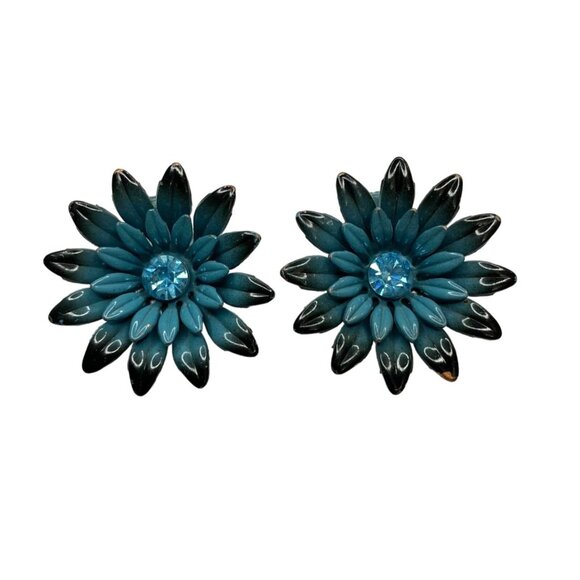 Blue Enamel Flower & Rhinestone Center Clip Earrings Vintage - Picture 1 of 4